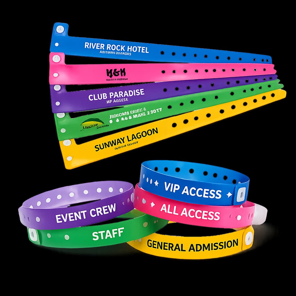 Custom printed wristbands displayed on a rotating stand