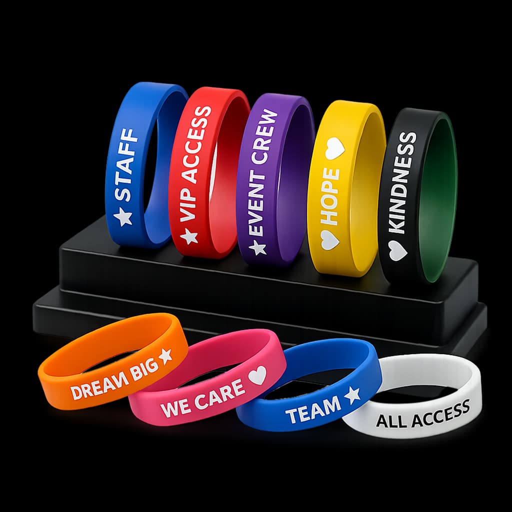 Custom printed wristbands displayed on a rotating stand