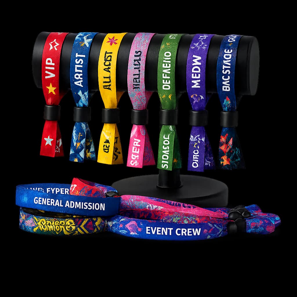 Custom printed wristbands displayed on a rotating stand