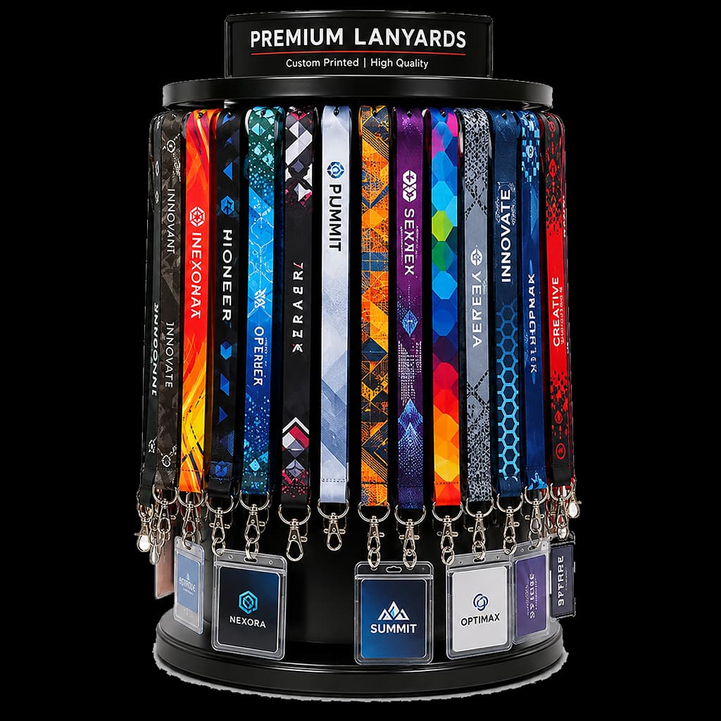 Custom printed wristbands displayed on a rotating stand