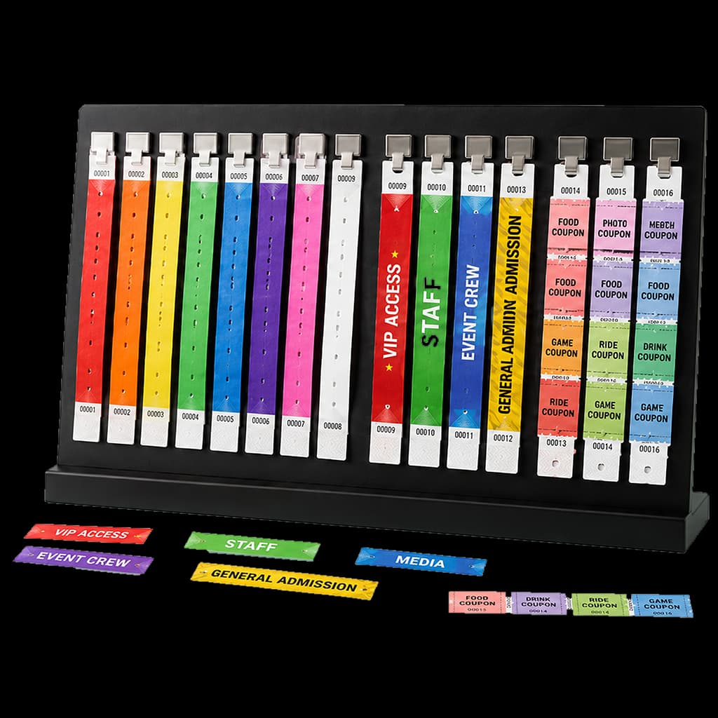 Custom printed wristbands displayed on a rotating stand