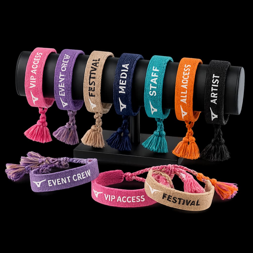 Custom printed wristbands displayed on a rotating stand